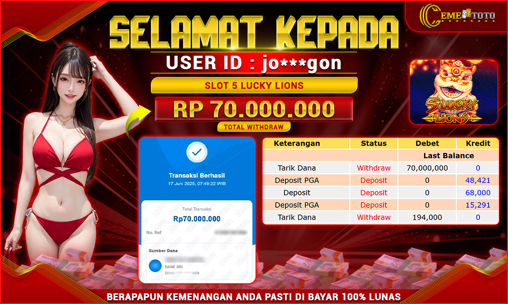 SLOT 5 LUCKY LIONS RP.70.000.000 LUNAS